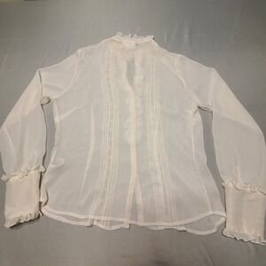 Worthington Lace Pleated Blouse Women 6 Ivory Victorian Ruffle Sheer Long Sleeve